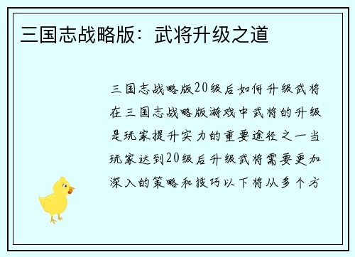 三国志战略版：武将升级之道