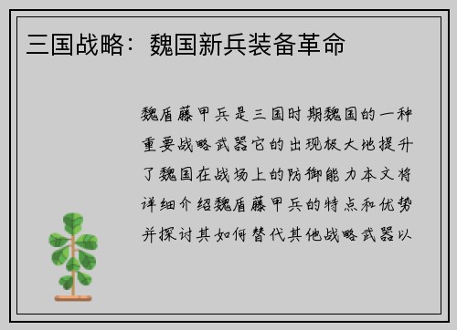 三国战略：魏国新兵装备革命